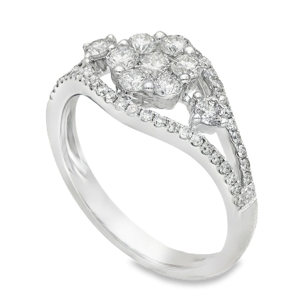 18ct White Gold Diamond Flower Cluster Ring - Size L - 0.85ct