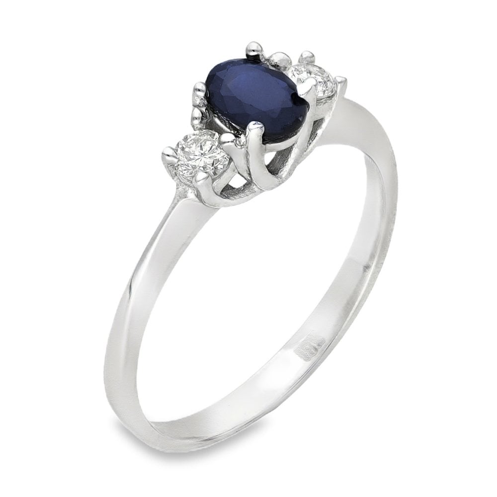 18ct White Gold Sapphire & Diamond Trilogy Ring -Size N½ -0.41ct