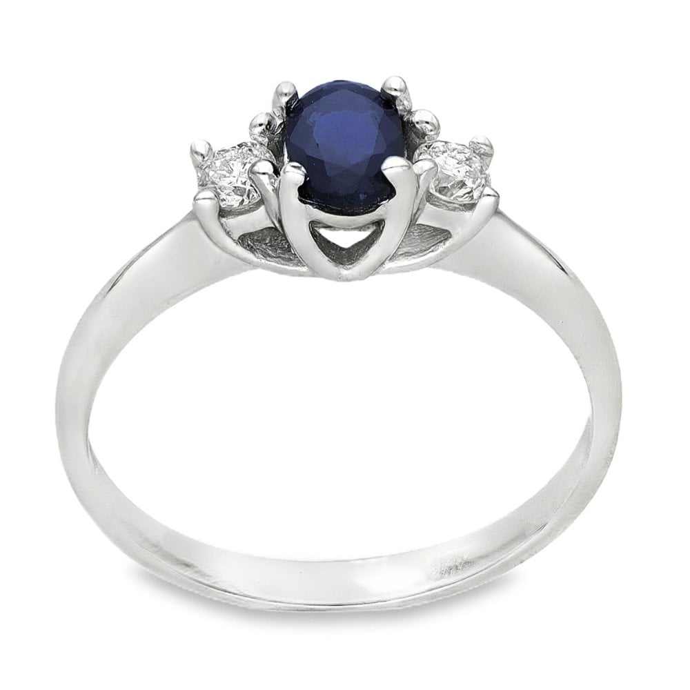 18ct White Gold Sapphire & Diamond Trilogy Ring -Size N½ -0.41ct