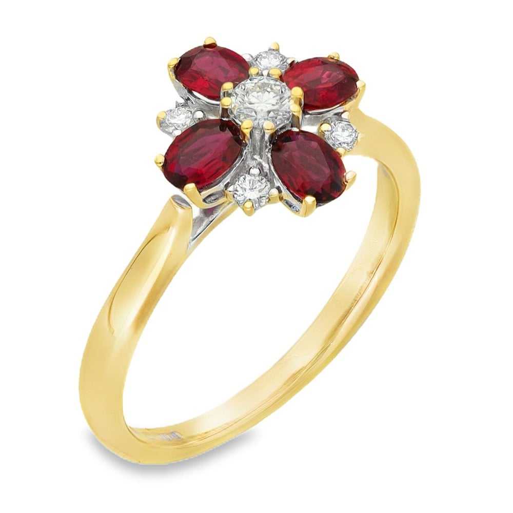 18ct White Gold Ruby & Diamond Cluster Ring - Size M - 0.18ct