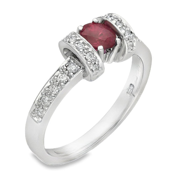 14ct White Gold Ruby & Diamond Ring - Size M - 0.15ct