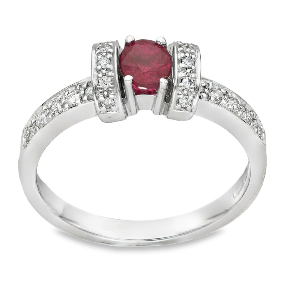 14ct White Gold Ruby & Diamond Ring - Size M - 0.15ct