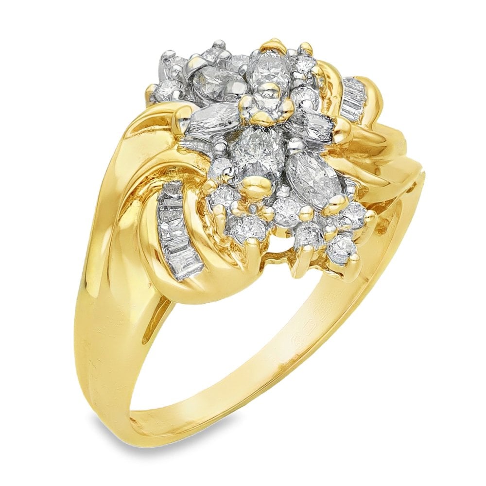 9ct Yellow Gold Diamond Flower Cluster Ring - Size P - 0.80ct