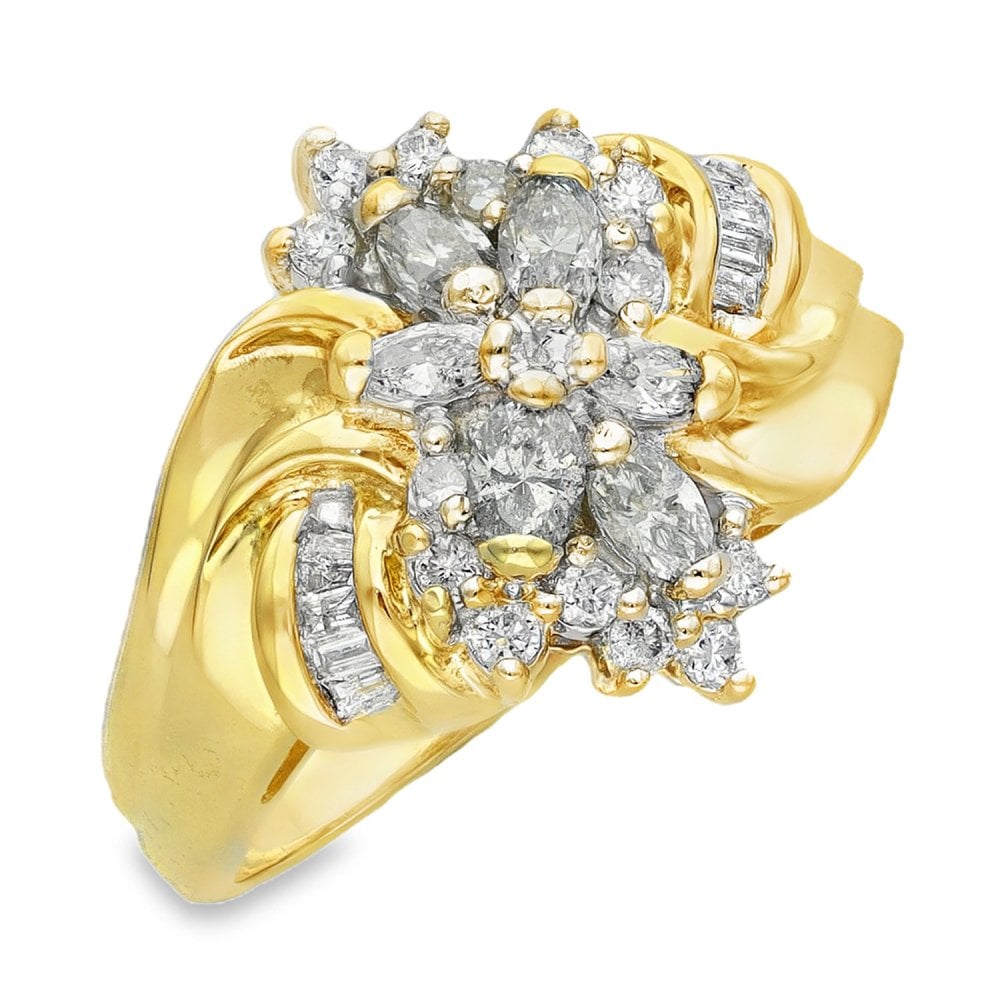 9ct Yellow Gold Diamond Flower Cluster Ring - Size P - 0.80ct