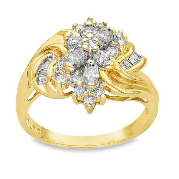 9ct Yellow Gold Diamond Flower Cluster Ring - Size P - 0.80ct