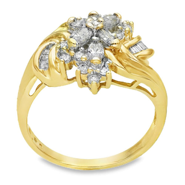 9ct Yellow Gold Diamond Flower Cluster Ring - Size P - 0.80ct