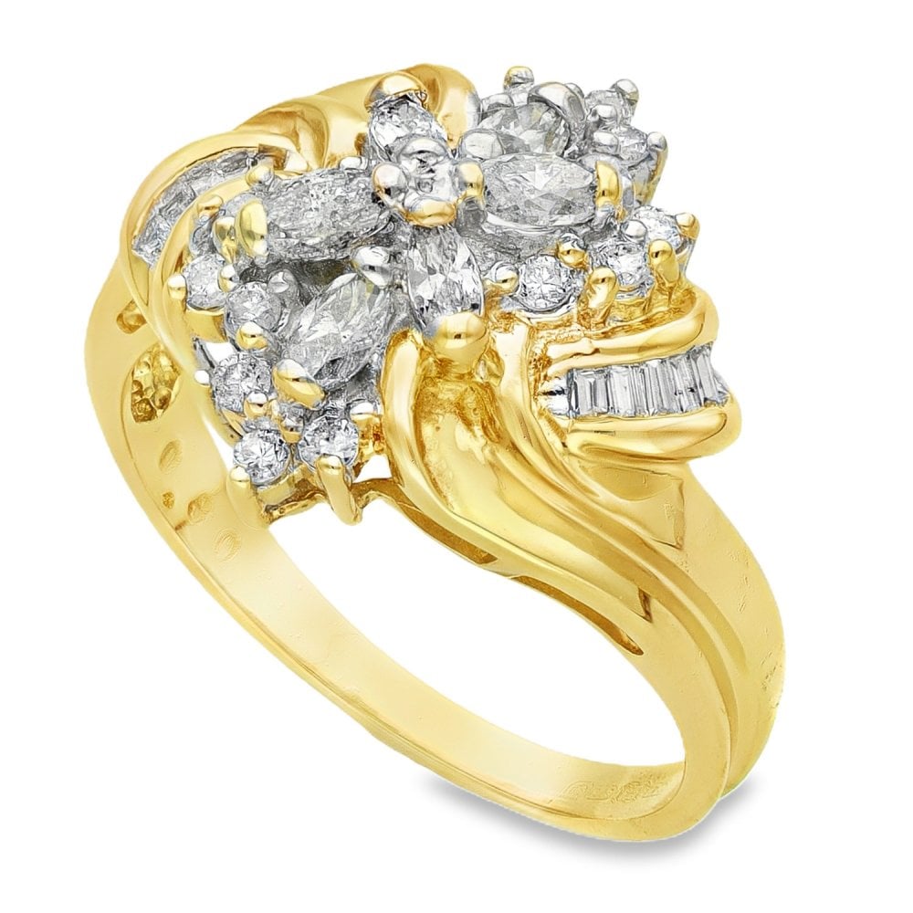 9ct Yellow Gold Diamond Flower Cluster Ring - Size P - 0.80ct