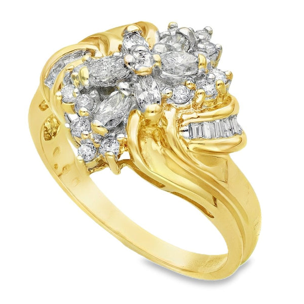 9ct Yellow Gold Diamond Flower Cluster Ring - Size P - 0.80ct