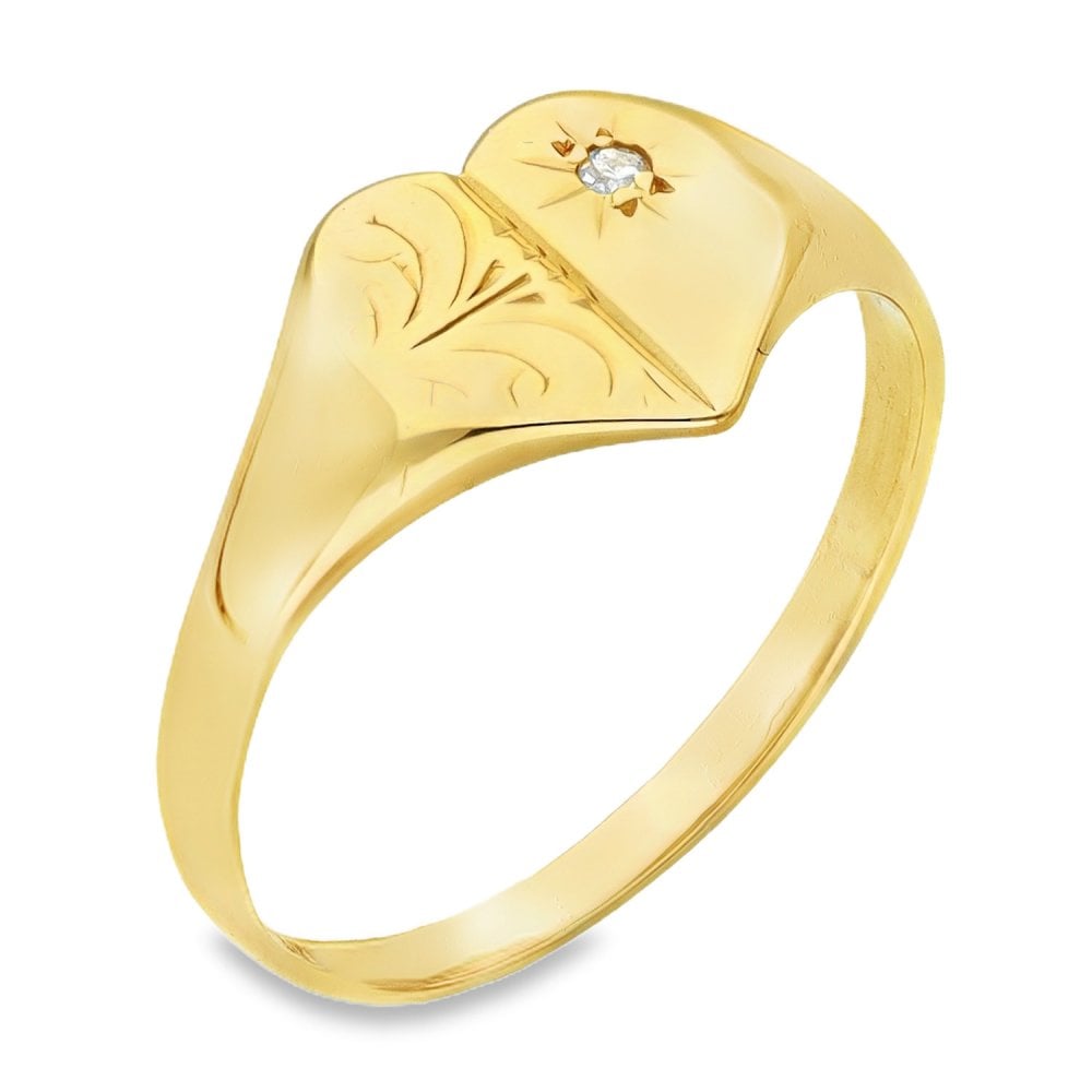9ct Yellow Gold Diamond Heart Signet Ring - Size K - 9mm