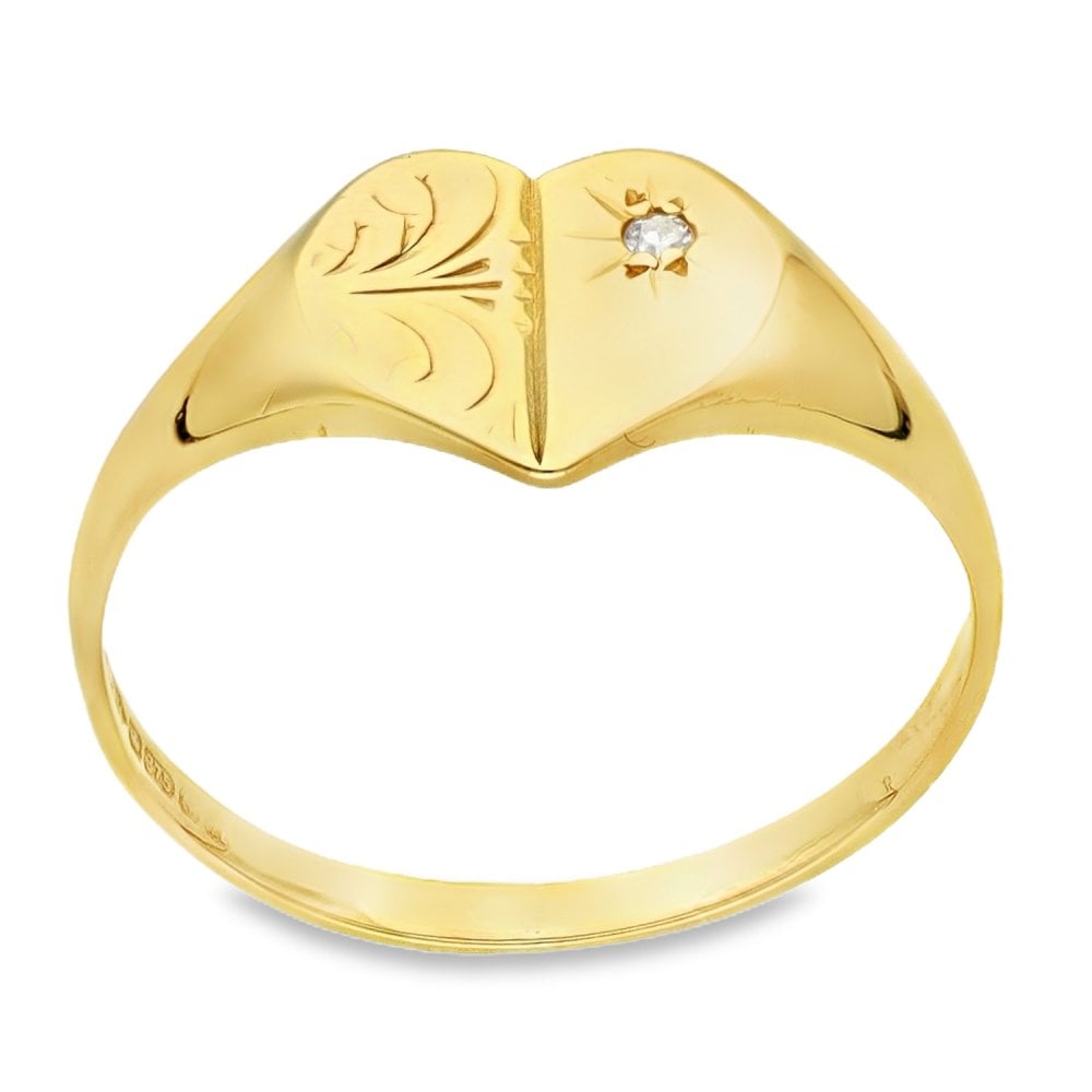 9ct Yellow Gold Diamond Heart Signet Ring - Size K - 9mm