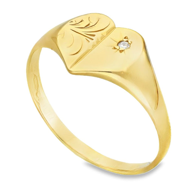 9ct Yellow Gold Diamond Heart Signet Ring - Size K - 9mm