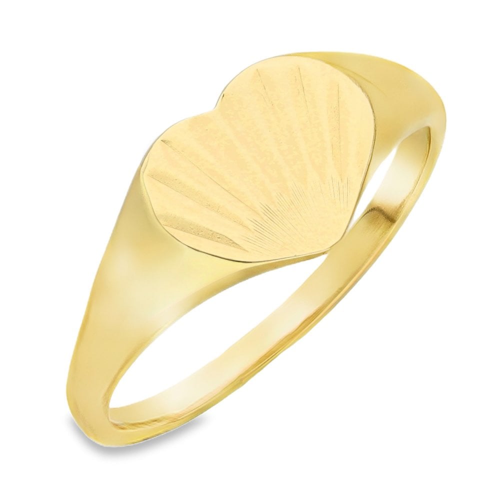 9ct Yellow Gold Sunray Heart Signet Ring - Size L - 8mm