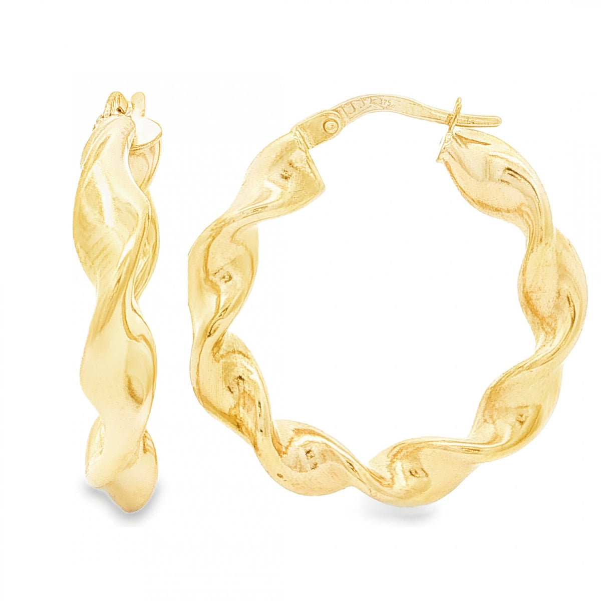 9ct Yellow Gold Twist Ribbon Hoop Earrings - 5x29x28mm - 3.2g