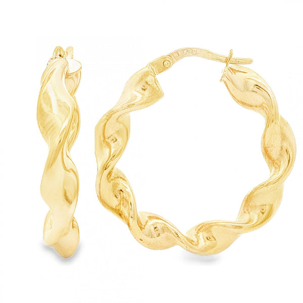 9ct Yellow Gold Twist Ribbon Hoop Earrings - 5x29x28mm - 3.2g