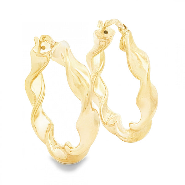 9ct Yellow Gold Twist Ribbon Hoop Earrings - 5x29x28mm - 3.2g