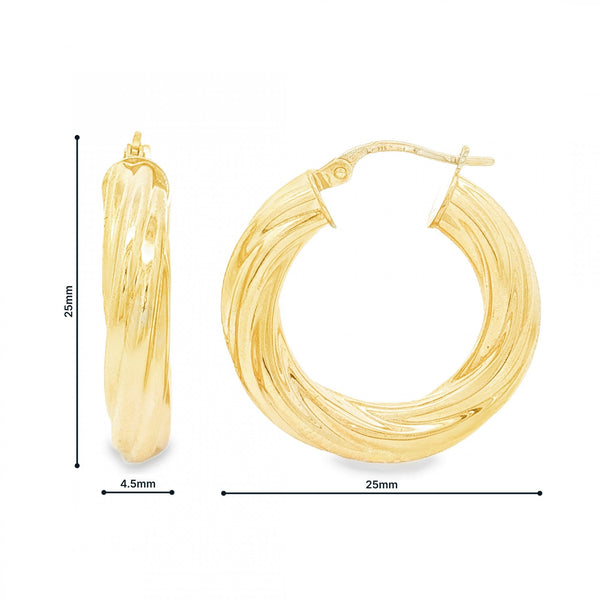 9ct Yellow Gold Hollow Tube Hoop Earrings - 4.5x25x25mm - 2.5g
