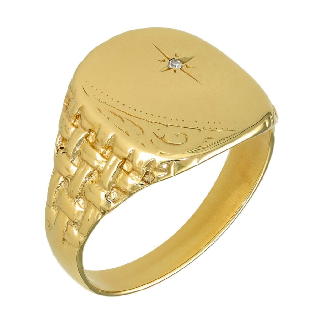 9ct Yellow Gold Diamond Signet Ring - Size Z - 17mm