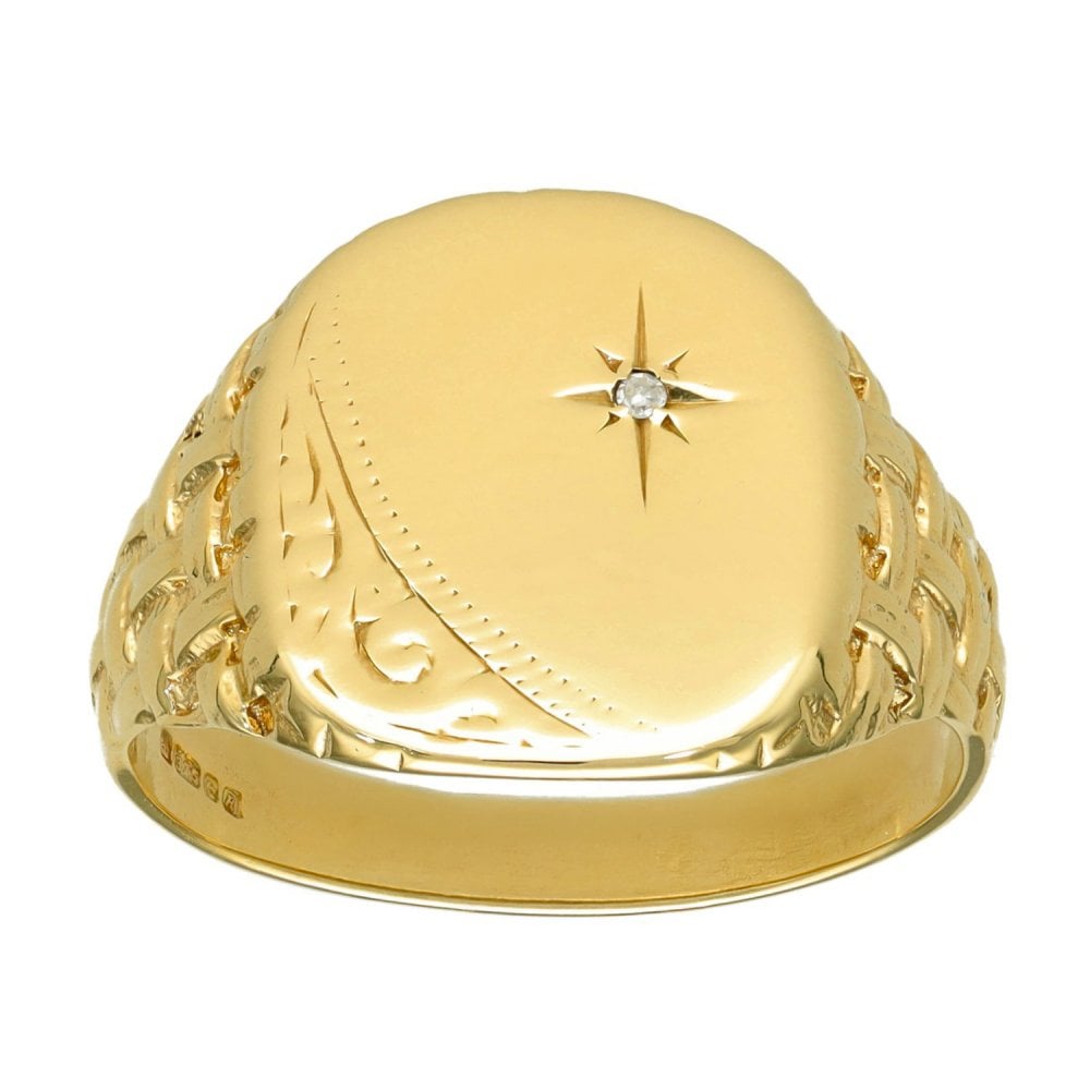 9ct Yellow Gold Diamond Signet Ring - Size Z - 17mm