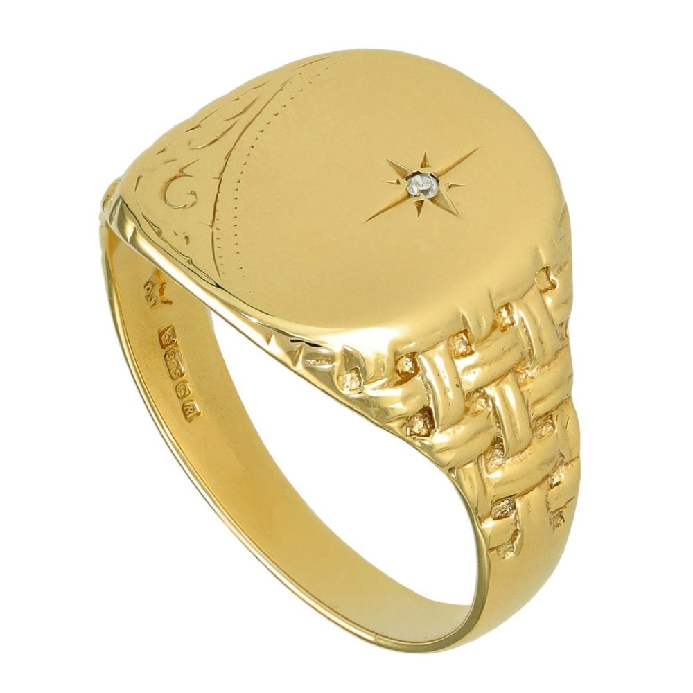9ct Yellow Gold Diamond Signet Ring - Size Z - 17mm