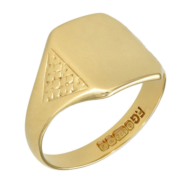 9ct Yellow Gold Rectangular Engraved Signet Ring - Size Q - 13mm
