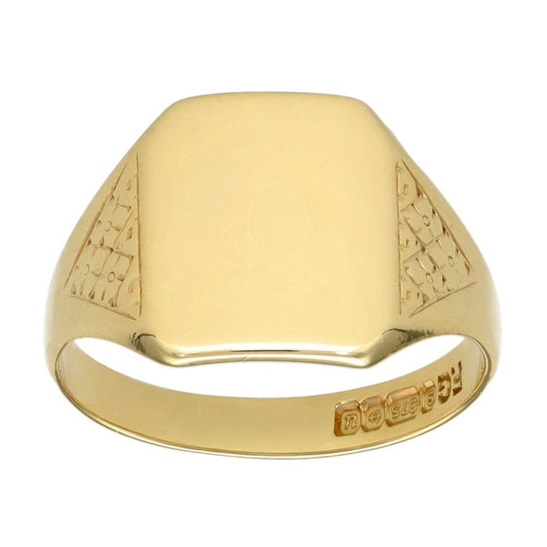 9ct Yellow Gold Rectangular Engraved Signet Ring - Size Q - 13mm