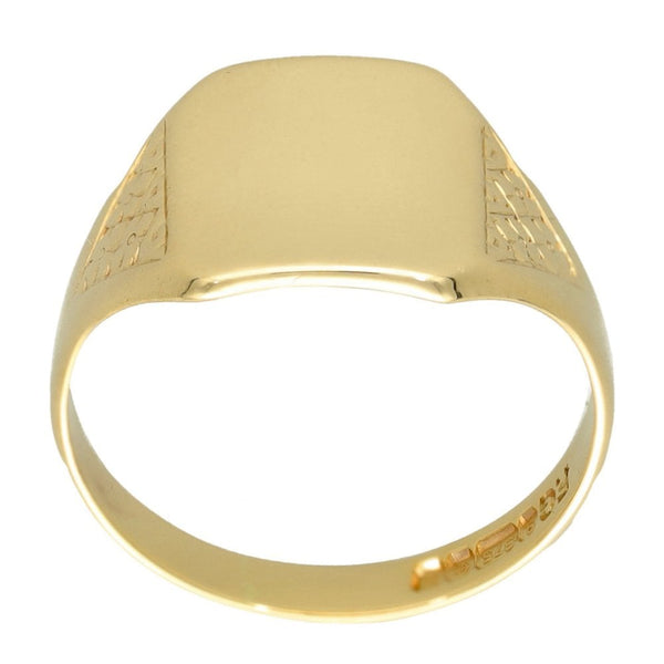 9ct Yellow Gold Rectangular Engraved Signet Ring - Size Q - 13mm