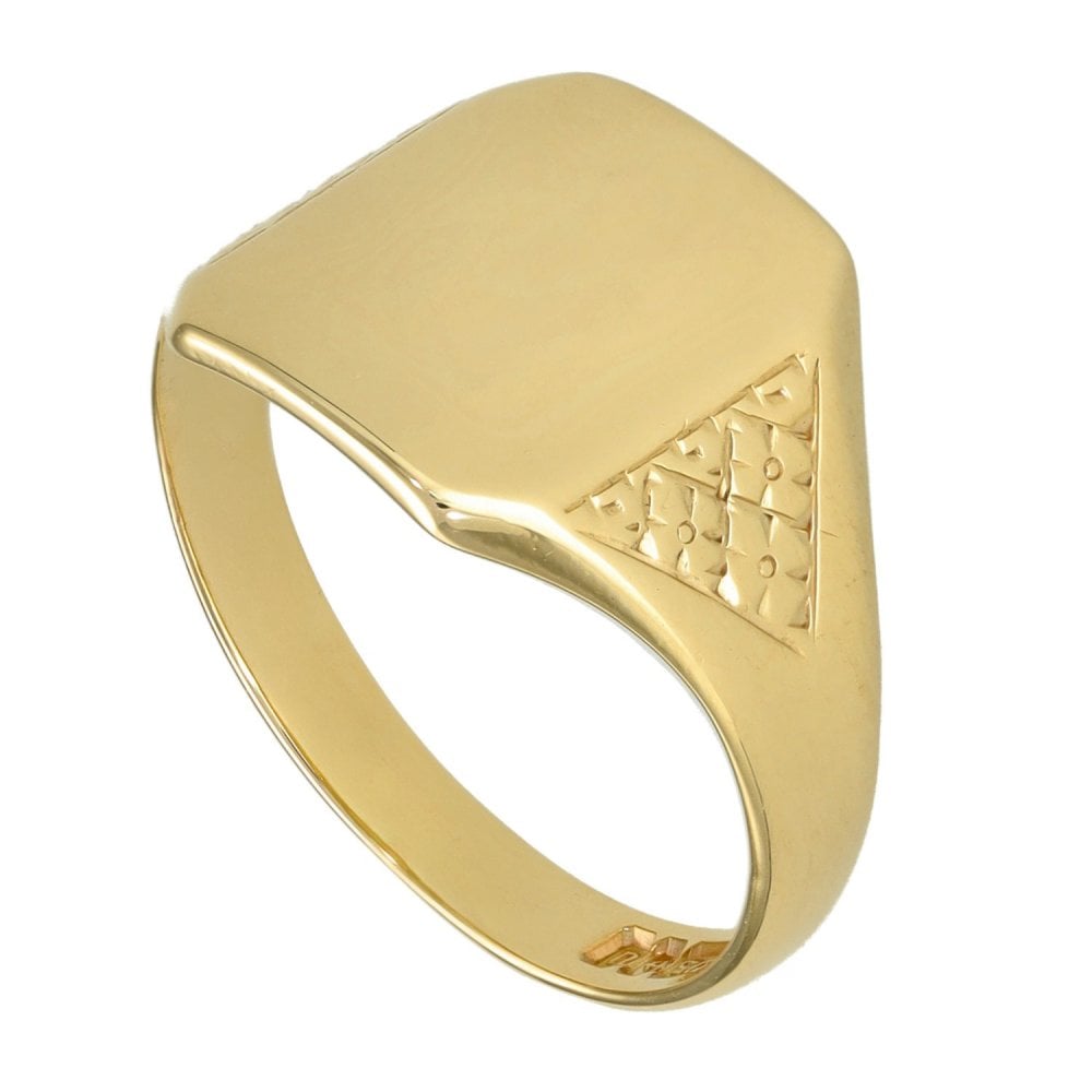 9ct Yellow Gold Rectangular Engraved Signet Ring - Size Q - 13mm