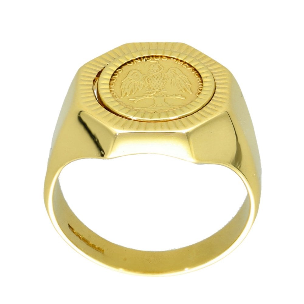 9ct Yellow Gold Mexican Peso Coin Signet Ring - Size O - 14mm
