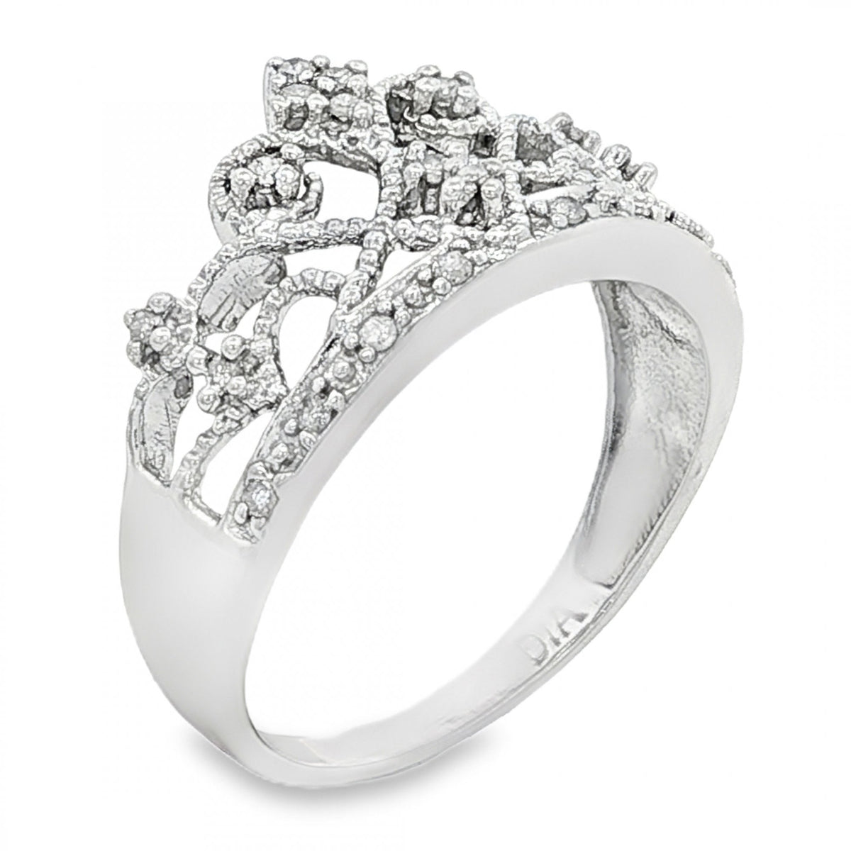9ct White Gold Diamond Crown Ring - Size P - 0.095ct
