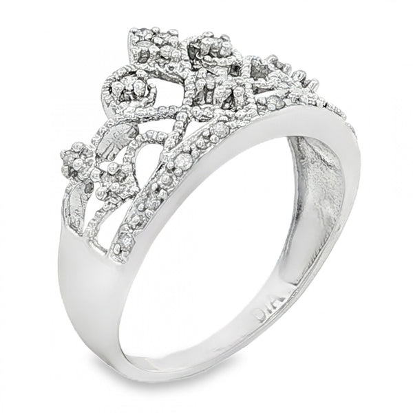 9ct White Gold Diamond Crown Ring - Size P - 0.095ct