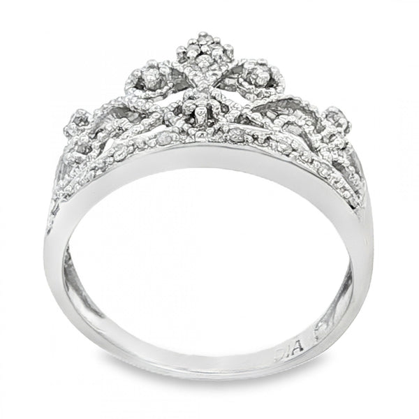 9ct White Gold Diamond Crown Ring - Size P - 0.095ct