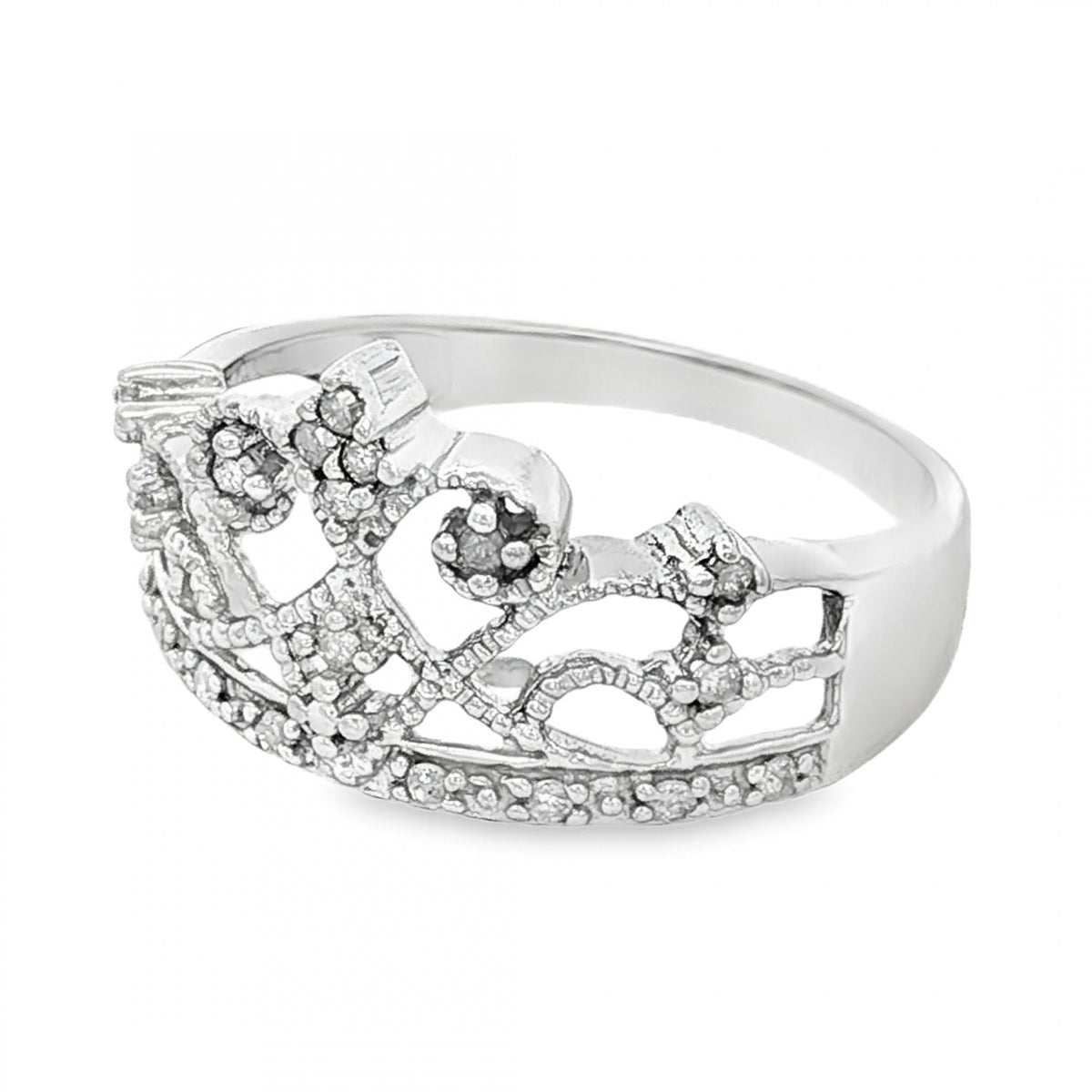 9ct White Gold Diamond Crown Ring - Size P - 0.095ct
