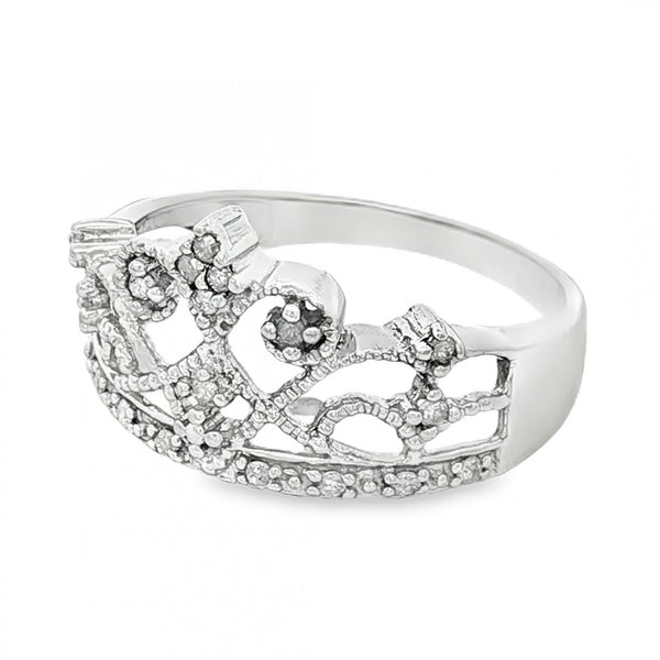 9ct White Gold Diamond Crown Ring - Size P - 0.095ct