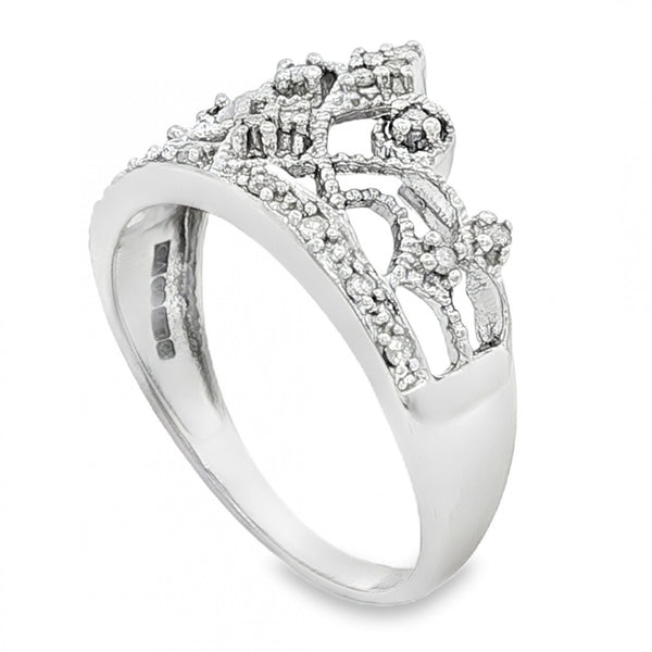 9ct White Gold Diamond Crown Ring - Size P - 0.095ct