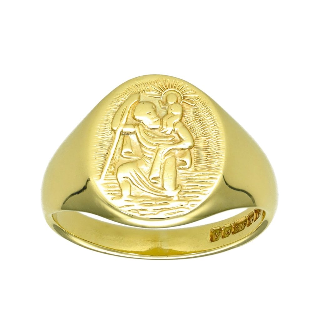 9ct Yellow Gold St Christopher Signet Ring - Size S - 16mm