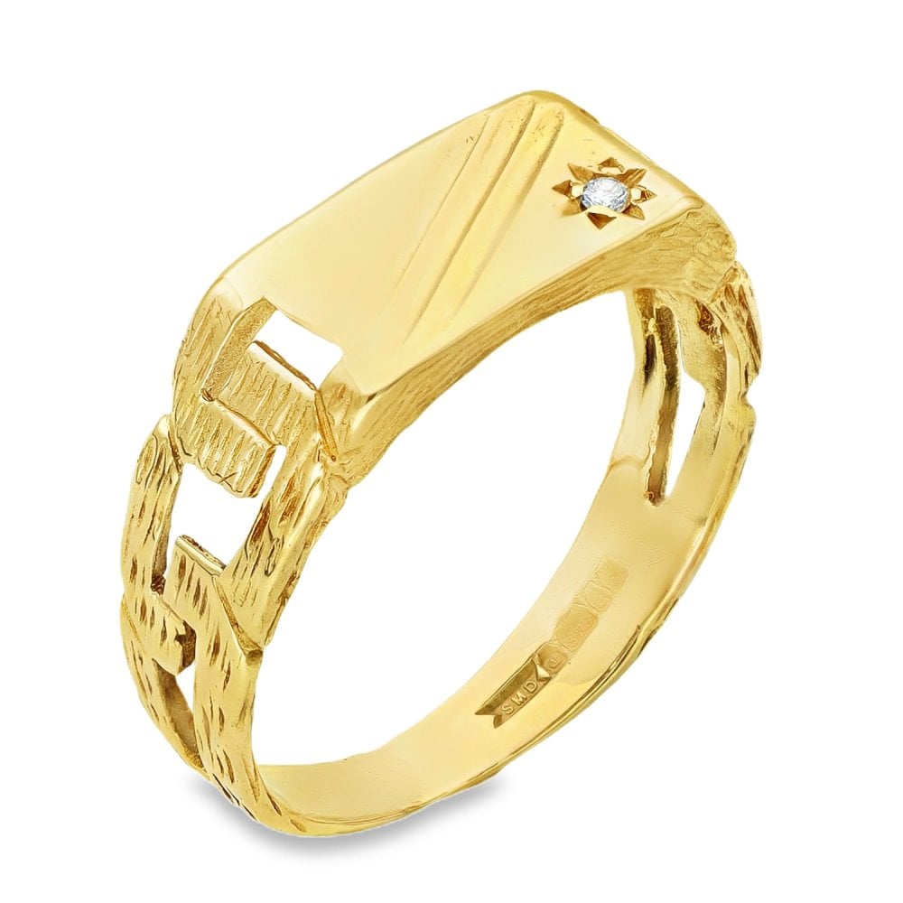 9ct Yellow Gold Rectangular Diamond Signet Ring - Size R -7x12mm