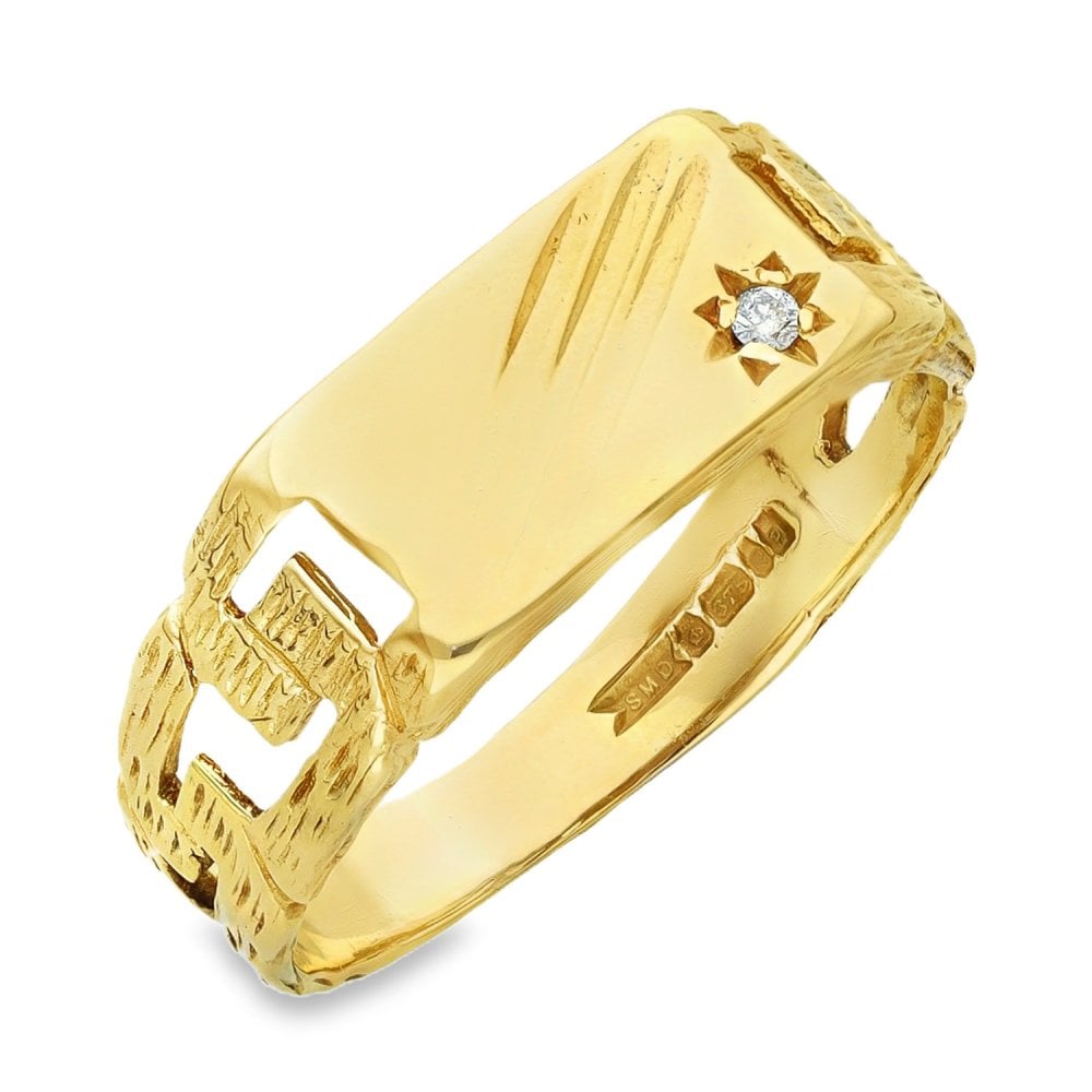 9ct Yellow Gold Rectangular Diamond Signet Ring - Size R -7x12mm