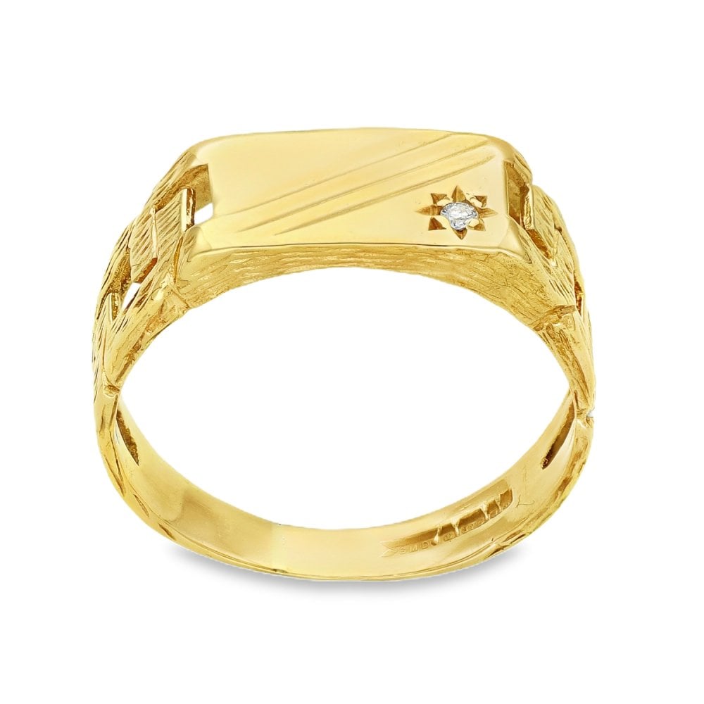 9ct Yellow Gold Rectangular Diamond Signet Ring - Size R -7x12mm