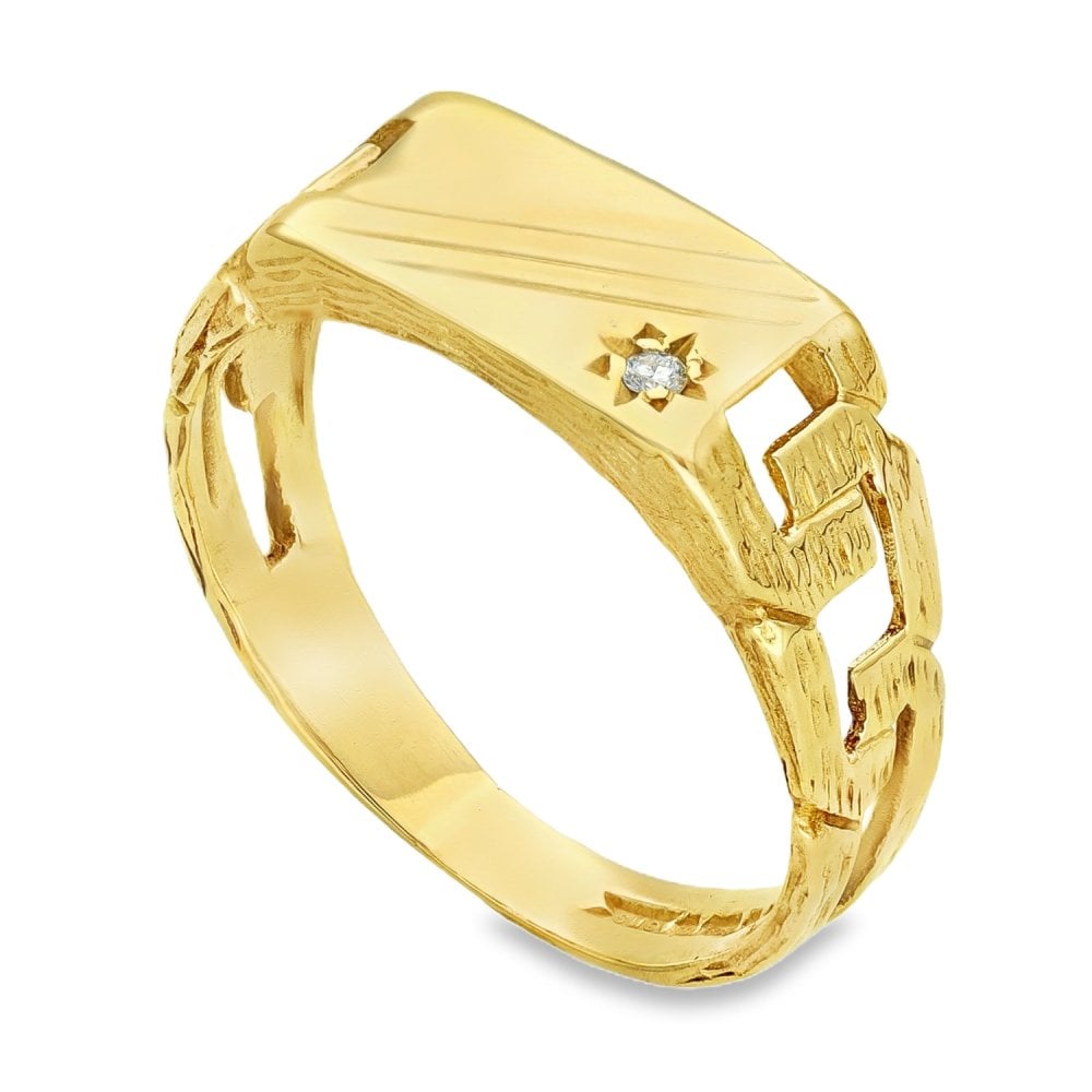 9ct Yellow Gold Rectangular Diamond Signet Ring - Size R -7x12mm