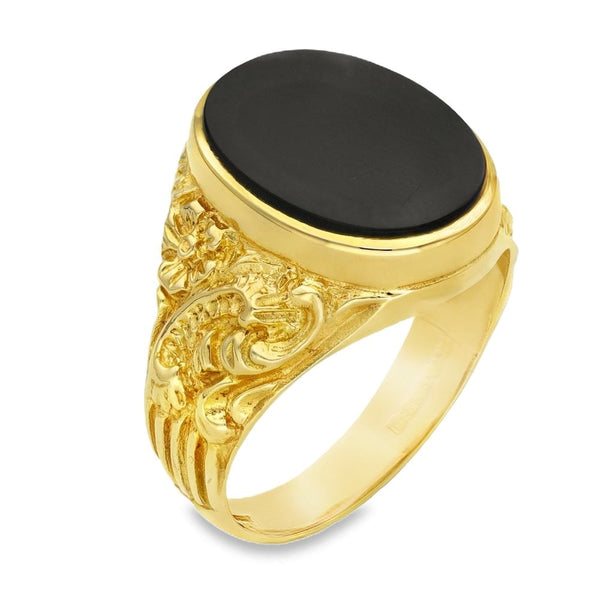9ct Yellow Gold Oval Onyx Signet Ring - Size R - 17mm