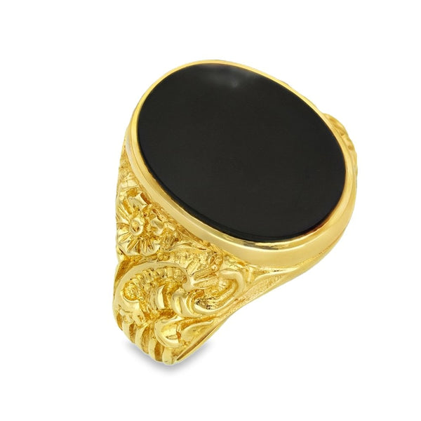 9ct Yellow Gold Oval Onyx Signet Ring - Size R - 17mm
