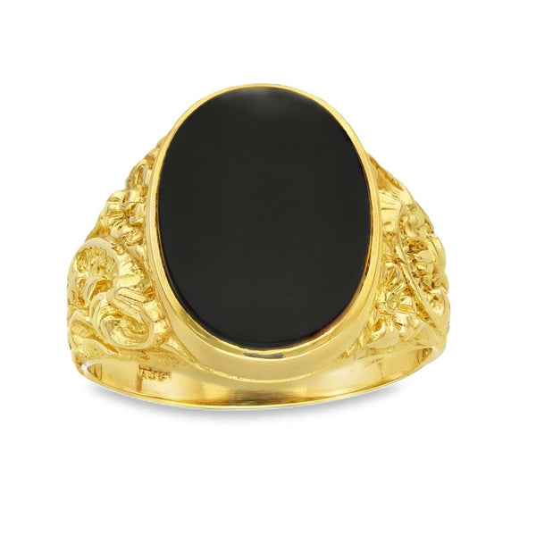 9ct Yellow Gold Oval Onyx Signet Ring - Size R - 17mm