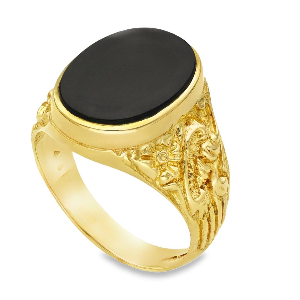 9ct Yellow Gold Oval Onyx Signet Ring - Size R - 17mm