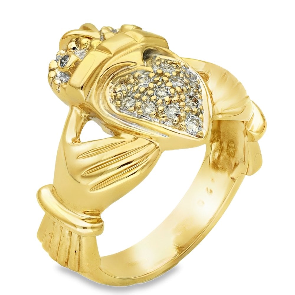9ct Yellow Gold Diamond Pave Claddagh Ring - Size Q - 0.20ct