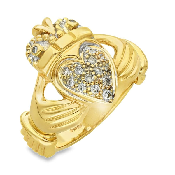 9ct Yellow Gold Diamond Pave Claddagh Ring - Size Q - 0.20ct