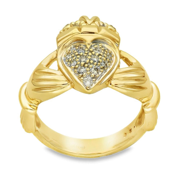 9ct Yellow Gold Diamond Pave Claddagh Ring - Size Q - 0.20ct