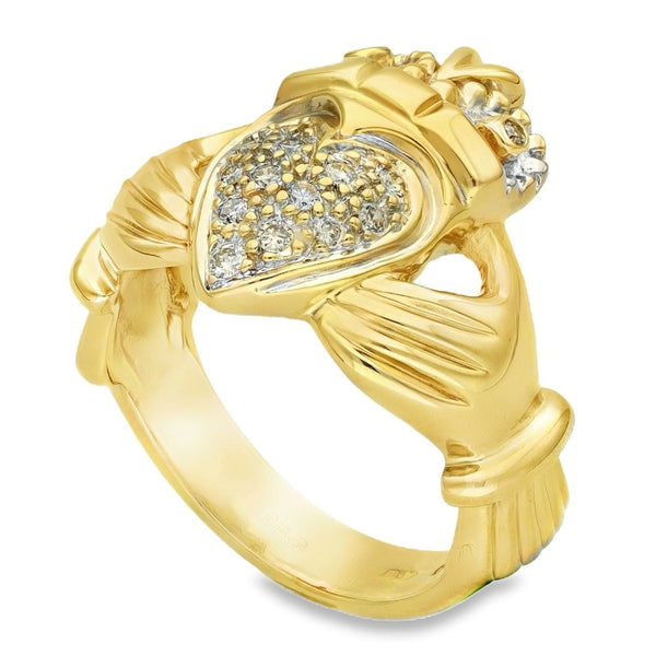 9ct Yellow Gold Diamond Pave Claddagh Ring - Size Q - 0.20ct