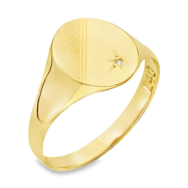 9ct Yellow Gold Diamond Oval Signet Ring - Size U½ -13mm