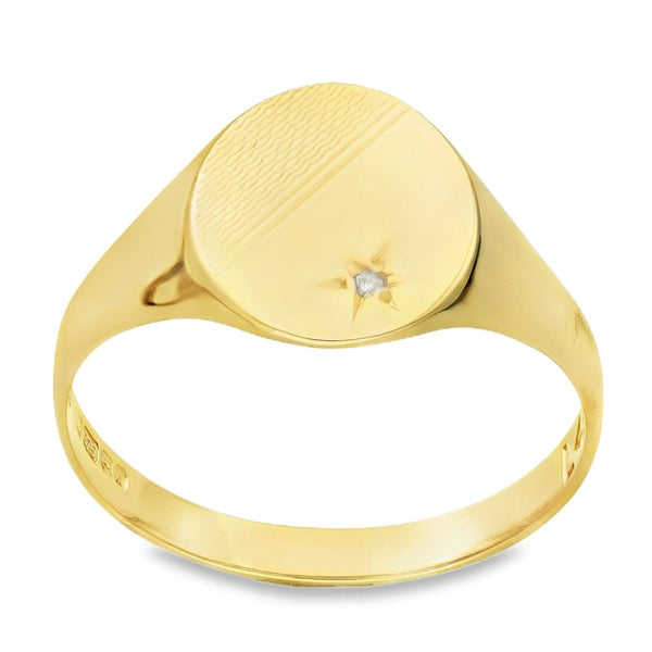 9ct Yellow Gold Diamond Oval Signet Ring - Size U½ -13mm