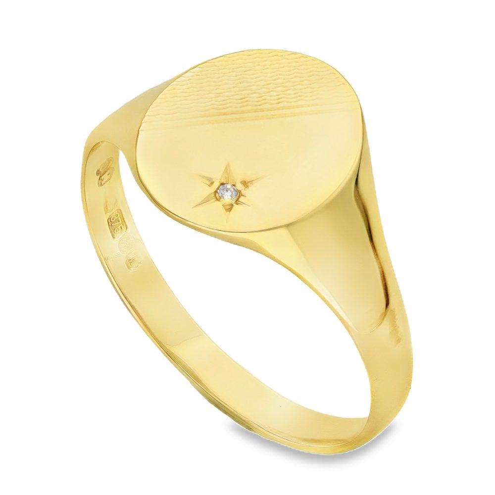 9ct Yellow Gold Diamond Oval Signet Ring - Size U½ -13mm